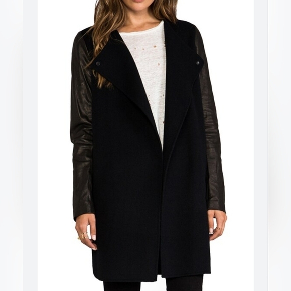 Vince black leather wool minimalist coat jacket - Picture 2 of 15